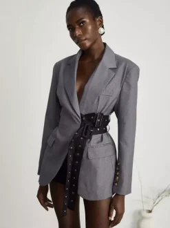 Robe blazer courte pour femme à revers cranté ceinture à rivets et taille cintrée