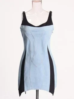 Robe bleue mini sans manches à col rond et taille haute idéale pour tous les jours.