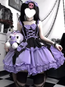 Robe à bretelles gothique Lolita d'  violette de la série Dark magical girl à volants et à lacets costumes de cosplay