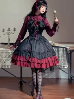 Robe à bretelles gothique Lolita d'  à volants en dentelle jacquard à blocs de couleurs rouge et noir