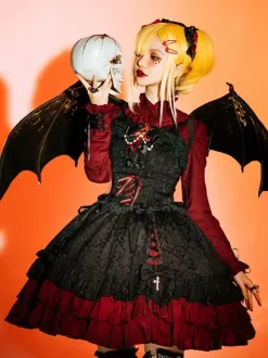 Robe à bretelles gothique Lolita d'  à volants en dentelle jacquard à blocs de couleurs rouge et noir