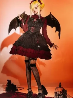Robe à bretelles gothique Lolita d'  à volants en dentelle jacquard à blocs de couleurs rouge et noir
