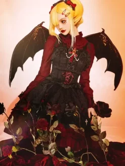 Robe à bretelles gothique Lolita d'  à volants en dentelle jacquard à blocs de couleurs rouge et noir