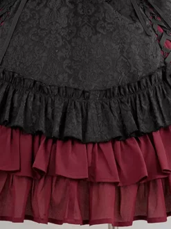 Robe à bretelles gothique Lolita d'  à volants en dentelle jacquard à blocs de couleurs rouge et noir