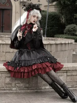 Robe à bretelles gothique Lolita d'  à volants en dentelle jacquard à blocs de couleurs rouge et noir