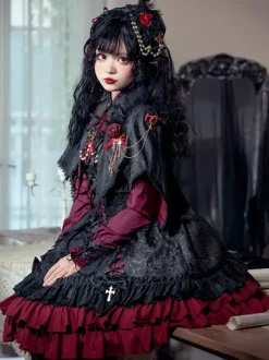 Robe à bretelles gothique Lolita d'  à volants en dentelle jacquard à blocs de couleurs rouge et noir
