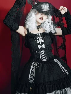 Robe à bretelles gothique Lolita d'  à volants en dentelle jacquard à blocs de couleurs rouge et noir