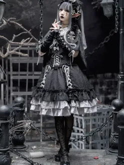 Robe à bretelles gothique Lolita d'  à volants en dentelle jacquard à blocs de couleurs rouge et noir