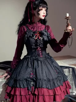 Robe à bretelles gothique Lolita d'  à volants en dentelle jacquard à blocs de couleurs rouge et noir