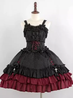 Robe à bretelles gothique Lolita d'  à volants en dentelle jacquard à blocs de couleurs rouge et noir