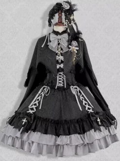 Robe à bretelles gothique Lolita d'  à volants en dentelle jacquard à blocs de couleurs rouge et noir