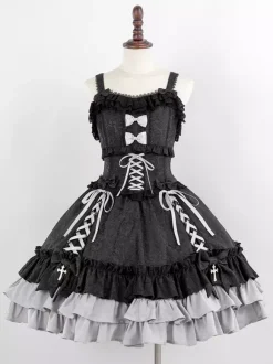 Robe à bretelles gothique Lolita d'  à volants en dentelle jacquard à blocs de couleurs rouge et noir