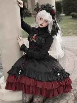Robe à bretelles gothique Lolita d'  à volants en dentelle jacquard à blocs de couleurs rouge et noir