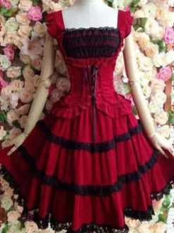 Robe à bretelles lolita éblouissante en 100% coton rouge bicolore à volants Robe A Bretelles Sans Manches Déguisements