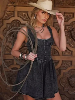 Robe bustier corset mini en jean pour femme - Robe patineuse sans manches style cowgirl coupe évasée - Tenues de festival d'été 2026
