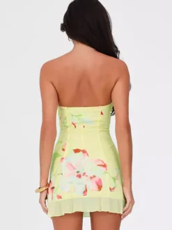 Robe bustier mini fleurie pour femme - Robe de soirée jaune sexy sans bretelles dos nu moulante à volants - Collection été plage 2026