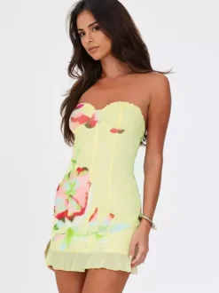 Robe bustier mini fleurie pour femme - Robe de soirée jaune sexy sans bretelles dos nu moulante à volants - Collection été plage 2026