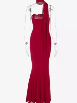 Robe bustier minimaliste à col foulard pour femme - Élégante robe sirène maxi - Soirée de gala formelle de printemps 2026