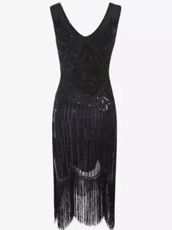 Robe charleston robe vintage 1920s Costume Gatsby Robes Franges Paillettes Col V Déguisements Halloween Bourgogne