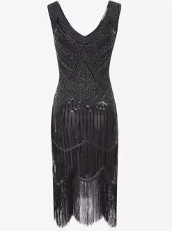 Robe charleston robe vintage 1920s Costume Gatsby Robes Franges Paillettes Col V Déguisements Halloween Bourgogne