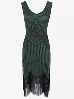 Robe charleston robe vintage 1920s Costume Gatsby Robes Franges Paillettes Col V Déguisements Halloween Bourgogne