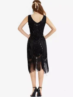 Robe charleston robe vintage 1920s Costume Gatsby Robes Franges Paillettes Col V Déguisements Halloween Bourgogne