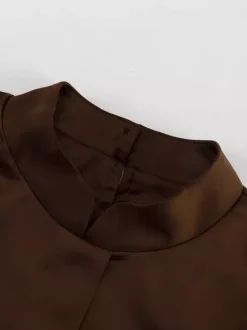 Robe-chemise courte en satin marron à col montant et manches lanternes pour femme 2026