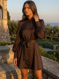 Robe-chemise courte en satin marron à col montant et manches lanternes pour femme 2026