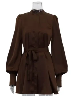 Robe-chemise courte en satin marron à col montant et manches lanternes pour femme 2026