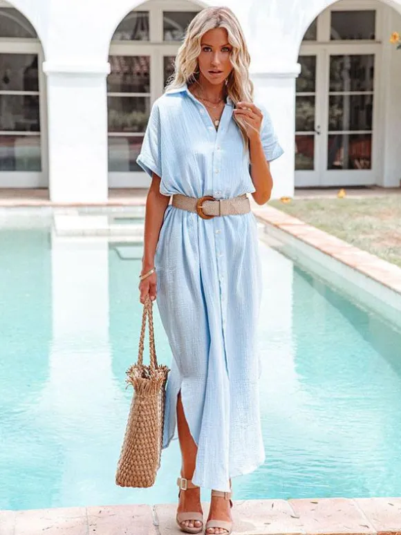 Robe-chemise en mousseline pour femme - Robe maxi ample à manches courtes et boutons sur le devant - Collection été 2026