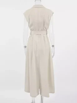 Robe-chemise femme en lin et coton mélangés couleur avoine - Robe longue sans manches à revers cranté et poche - Élégante tenue de bureau d'été avec ceinture - Collection 2026