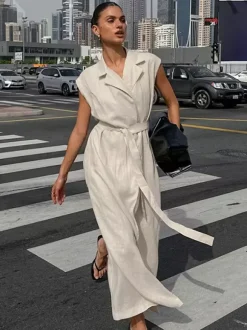 Robe-chemise femme en lin et coton mélangés couleur avoine - Robe longue sans manches à revers cranté et poche - Élégante tenue de bureau d'été avec ceinture - Collection 2026