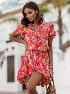 Robe-chemise fleurie éclatante pour femme - Robe patineuse mini à manches bouffantes et ceinture - Idéale pour les vacances d'été décontractées 2026