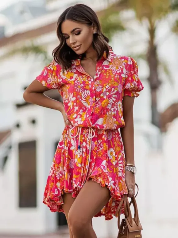 Robe-chemise fleurie éclatante pour femme - Robe patineuse mini à manches bouffantes et ceinture - Idéale pour les vacances d'été décontractées 2026