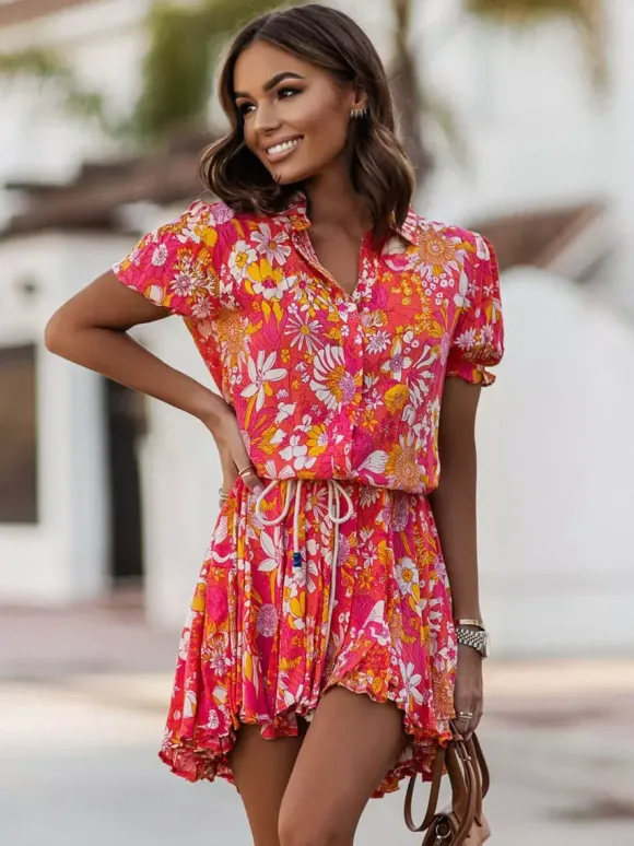 Robe-chemise fleurie éclatante pour femme - Robe patineuse mini à manches bouffantes et ceinture - Idéale pour les vacances d'été décontractées 2026