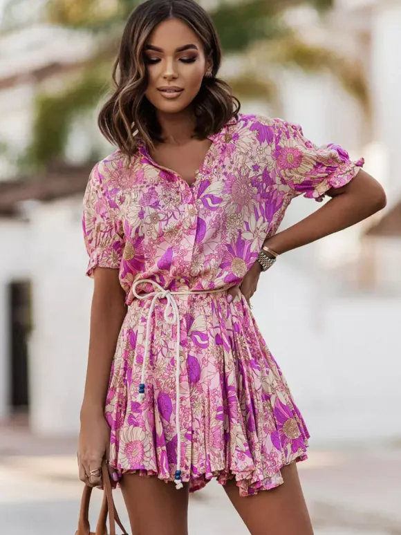Robe-chemise fleurie éclatante pour femme - Robe patineuse mini à manches bouffantes et ceinture - Idéale pour les vacances d'été décontractées 2026