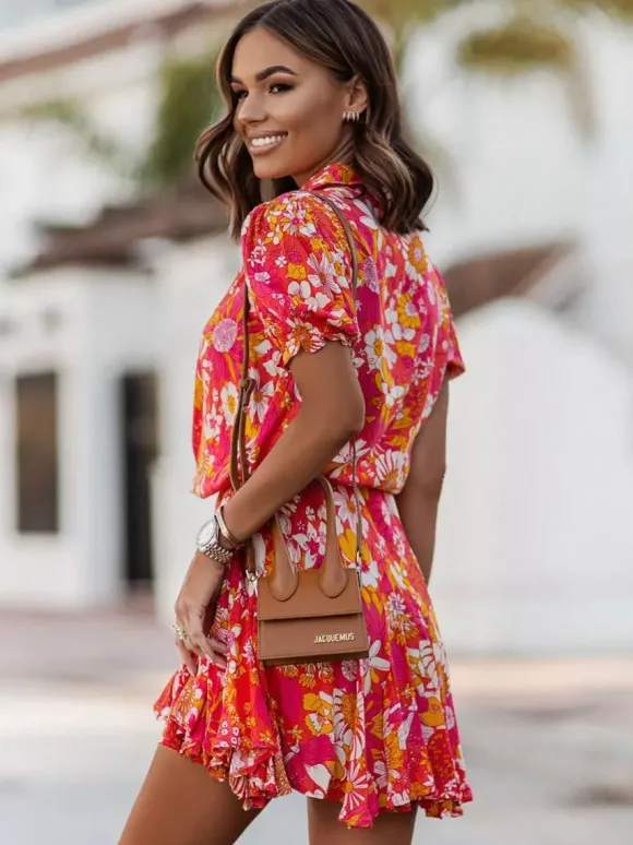 Robe-chemise fleurie éclatante pour femme - Robe patineuse mini à manches bouffantes et ceinture - Idéale pour les vacances d'été décontractées 2026