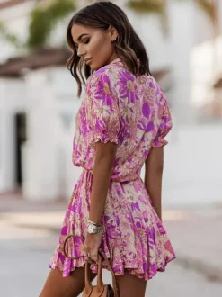 Robe-chemise fleurie éclatante pour femme - Robe patineuse mini à manches bouffantes et ceinture - Idéale pour les vacances d'été décontractées 2026