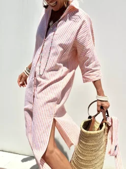 Robe-chemise imprimée pour femme - Kaftan midi décontracté à col boutonné et taille nouée - Collection été 2026