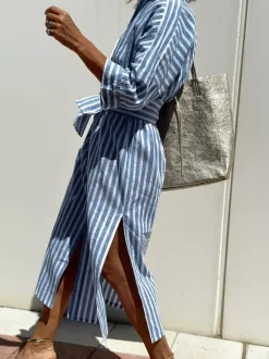 Robe-chemise imprimée pour femme - Kaftan midi décontracté à col boutonné et taille nouée - Collection été 2026