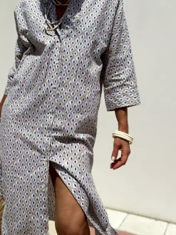 Robe-chemise imprimée pour femme - Kaftan midi décontracté à col boutonné et taille nouée - Collection été 2026