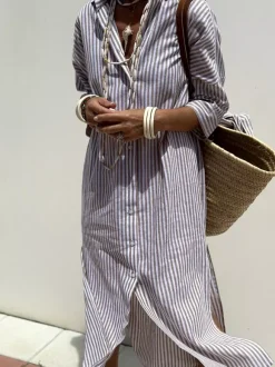 Robe-chemise imprimée pour femme - Kaftan midi décontracté à col boutonné et taille nouée - Collection été 2026