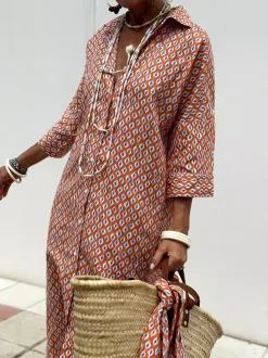 Robe-chemise imprimée pour femme - Kaftan midi décontracté à col boutonné et taille nouée - Collection été 2026
