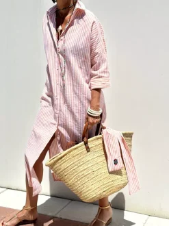 Robe-chemise imprimée pour femme - Kaftan midi décontracté à col boutonné et taille nouée - Collection été 2026