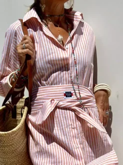 Robe-chemise imprimée pour femme - Kaftan midi décontracté à col boutonné et taille nouée - Collection été 2026