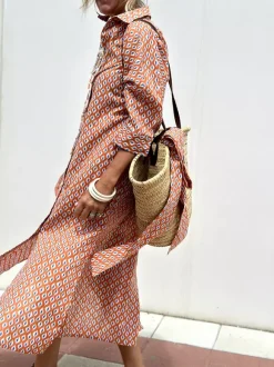 Robe-chemise imprimée pour femme - Kaftan midi décontracté à col boutonné et taille nouée - Collection été 2026