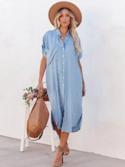 Robe chemise bohème bleu ciel clair pour femme - Robe midi ample à manches courtes et boutons - Collection été 2026
