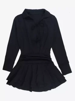 Robe-chemise à découpe et n艙ud sur le devant pour femme - Mini-robe noire à manches longues et ourlet à volants - Collection streetwear printemps 2026