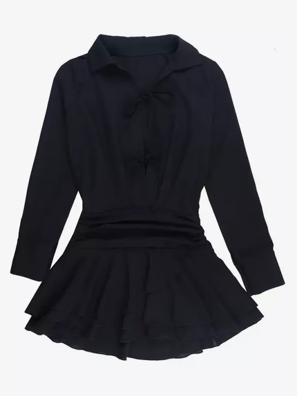 Robe-chemise à découpe et n艙ud sur le devant pour femme - Mini-robe noire à manches longues et ourlet à volants - Collection streetwear printemps 2026