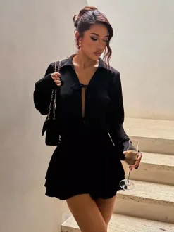 Robe-chemise à découpe et n艙ud sur le devant pour femme - Mini-robe noire à manches longues et ourlet à volants - Collection streetwear printemps 2026